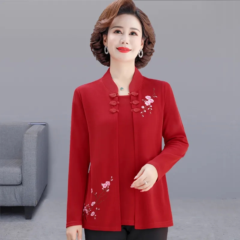 Embroidery Cardigan - Middle-Aged Women Embroidery Cardigan Shirts Spring