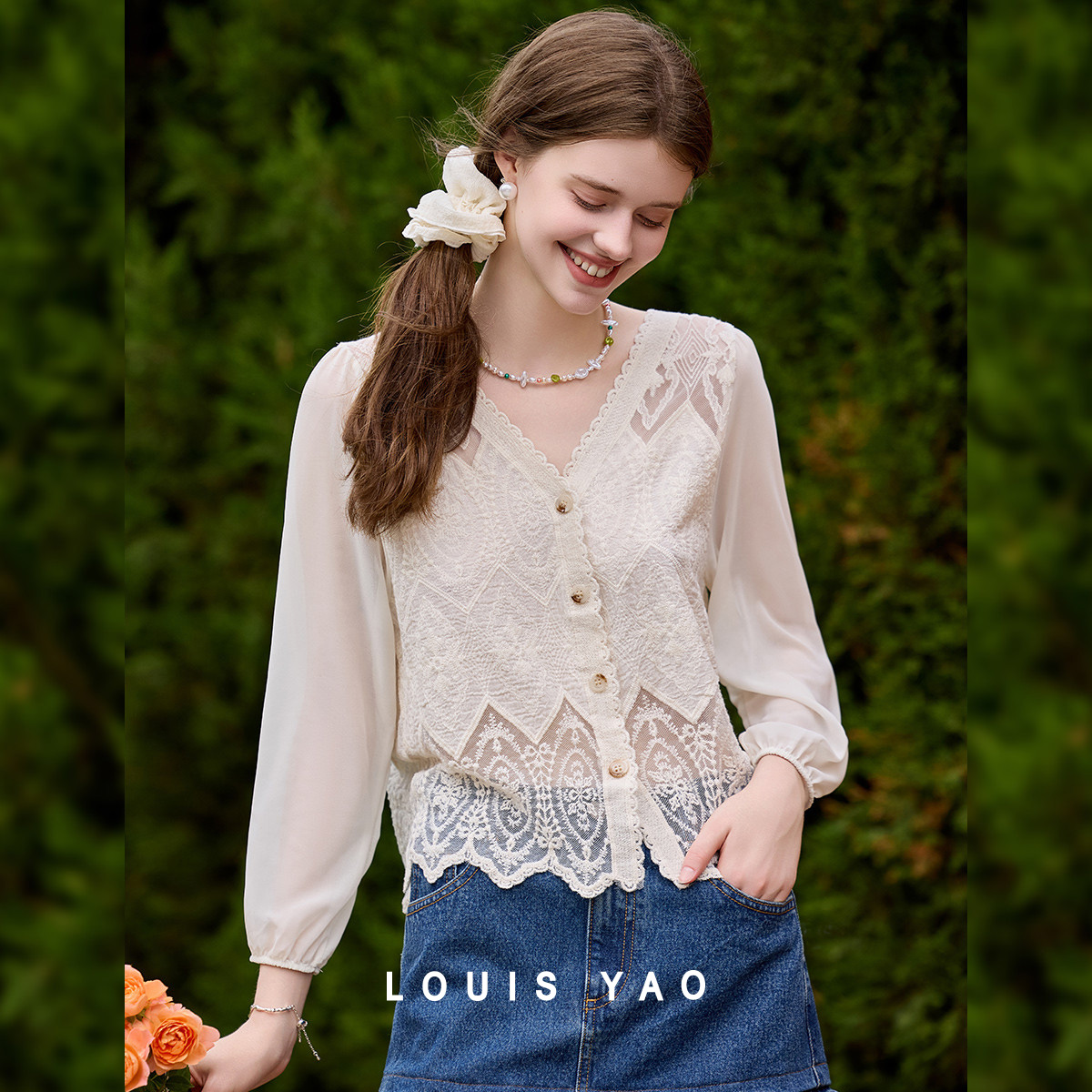 LOUIS YAO Sweet Lace V-neck Ca - Embroidery Cardigan review and price